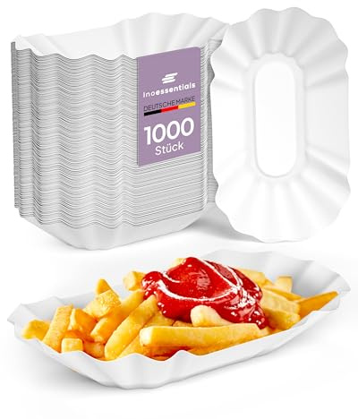 Inoverse Pommesschalen aus Pappe 10x17x3 cm, 1000 Stück Currywurst Schale | 1000 Stück Weiß Umweltfreundlich, Pommes Schalen, Pappteller, Pappschalen Einweg, für kleine Portionen, Imbiss, Partys