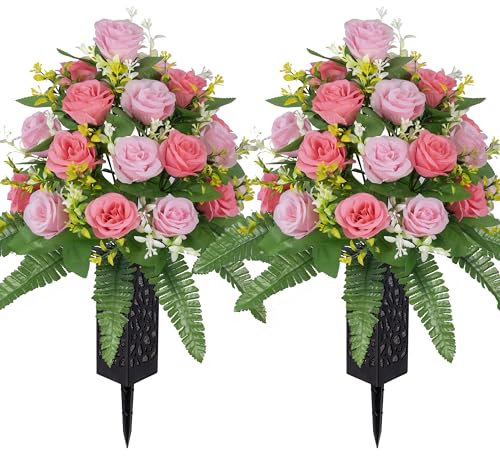 MOOMASS Artificial Cemetery Flowers – Grave Decorations, Cemetery Flowers for Grave Vase, Artificial Rose, Silk Flowers for Long-Lasting Remembrance(Pink+Light Pink, 2 Bouquets)