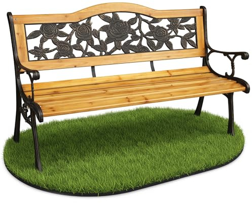 AKORD Gartenbank ROSA | Bank Garten mit Lackiertem Holz und Gusseisernen Beinen | Sitzbank Draußen Wetterfest | Outdoor Holzbank | Gartenbänke mit Armlehne | Parkbank | Breite 118 cm | Braun