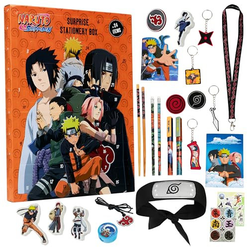Naruto Calendrier de L'avent 2025 Garçon Compte à Rebours Noel 24 Surprises Papeterie Original Anime Accessoires Kawaii Stylos Lanière Porte-clés (Orange)