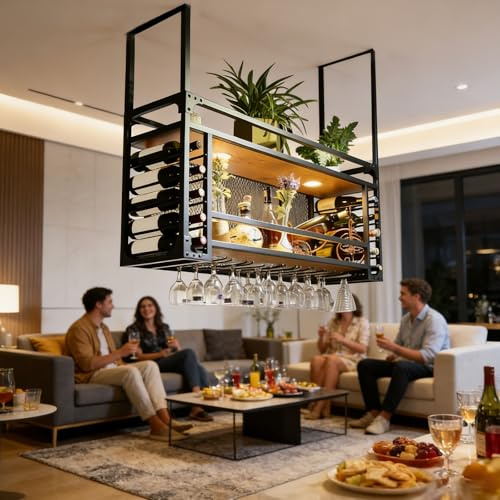 SPTZQURY Wine Rack Wall Mounted with Glass Holder, Ceiling Wine Glass Rack, 2 layer Black Industrial Metal Hanging Ceiling Shelf with Guardrails, for Bar, Kitchen, Cafe, Restaurant (black, 140cm)