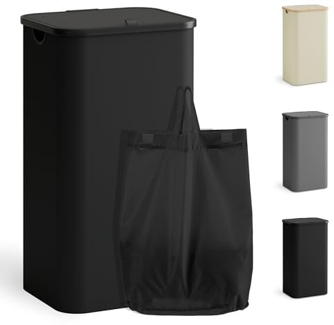 YOUDENOVA Wäschekorb mit Deckel 100L Wäschesammler schmal mit Wäschesack faltbarer Wäschesortierer mit Kunststoffgriff Wäschetruhe hoch Laundry Baskets, Schwarz