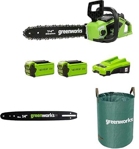Greenworks Motosega a Batteria con Motore Brushless, Lunghezza Barra 14 Pollice (35cm), 2 Batterie da 40V 2Ah e caricabatterie + Greenworks 35cm Barra + Greenworks Sacco da giardinaggio da 120l