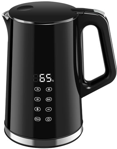 VORSCH Wasserkocher Edelstahl 1,7 L mit LCD-Temperaturanzeige, Temperaturwahl 40-100 °C, Trockengehschutz, Warmhaltefunktion, Doppelwand 360° Basis, BPA-frei, 2200W, Schwarz