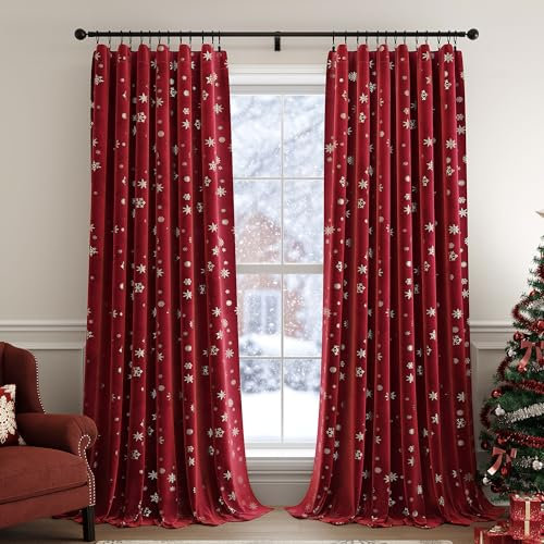 FMFUNCTEX Snowflake Red Christmas Velvet Blackout Curtains for Bedroom, Thermal Insulated Silver on Burgundy Curtains 84 Inches Long for Living Room, Room Darkening Winter Drapes Rod Pocket 2 Panels