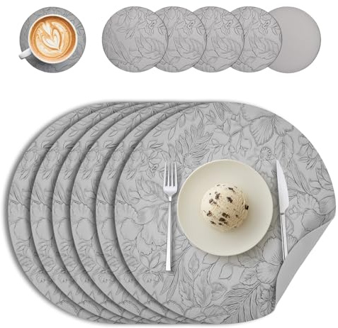 Tovagliette e Sottobicchieri Set di 6, Tovagliette Rotonde in Pelle Tovagliette americane Lavabili Bifacciale Non-scivolose Tovagliette Plastica (Grigio)