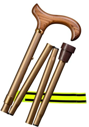 Gehstock Faltstock 4-teilig höhenverstellbar faltbar – aus Aluminium mit Derby-Griff aus Hartholz - belastbar bis 110 kg - ideal für Reisen + Olanmarp Klettarmband mit Streifen (Braun)