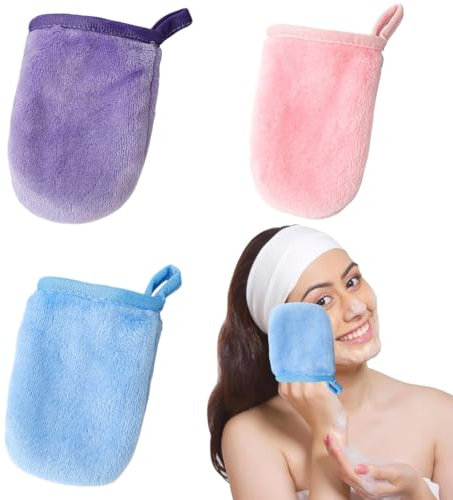 3 Piezas Paño Desmaquillante,Guantes Desmaquillantes de Franela, Guante Desmaquillante Reutilizable de Microfibra, Toallita Desmaquillante,Toalla Facial Para Limpieza y Desmaquillado