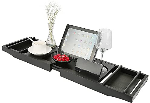 Plateau de Baignoire en Bambou Naturel, Support pour Serviette de Bain, Plateau Extensible pour Salle de Bain, Verre à vin, étagère de Lecture, Support pour Tablette, 70-105cm