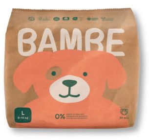 Bambe | Couches écologiques | Taille L | De 9 à 14 kg | Environ 12 mois | Lot de 34
