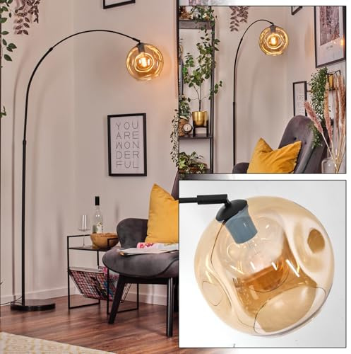 HOFSTEIN Stehleuchte Ripoll, Stehlampe aus Metall/Glas in Schwarz/Bernstein mit Marmorfuß, verstellbare Leuchte im Retro-Design (Schirm Ø 25 cm), Fußschalter, E27, Wohnzimmer, Schlafzimmer, Büro, Flur