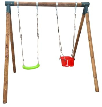 MASGAMES | Balançoire Double KABA | Coin Droit | Structure Compacte | Bois Traité pour l'Extérieur | (2 Sièges Plats + Chaise Bébé)