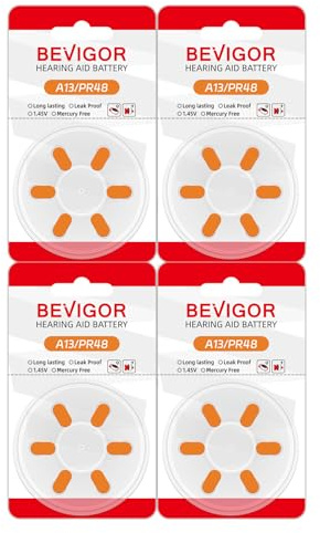 BEVIGOR 13 Hearing Aid Batteries, 24 High Capacity Mercury-Free Premium Hearing Aid Batteries, Easy Replacement, 4x6 Pack PR48 Orange