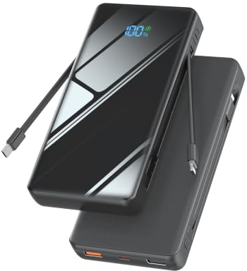 Powerbank 20000 mAh, caricatore portatile con 3 porte e 2 cavi integrati, batteria esterna per cellulare, USB C 20 W, SCP 22,5 W, funzione di ricarica rapida portatile (nero)