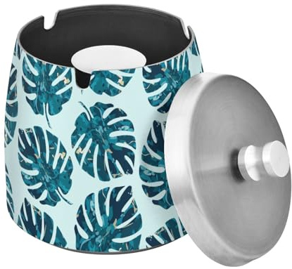 Monstera Cendrier en acier inoxydable avec couvercle - Coupe-vent - Pour extérieur et intérieur - Vert - Pour la maison, le bureau, le balcon