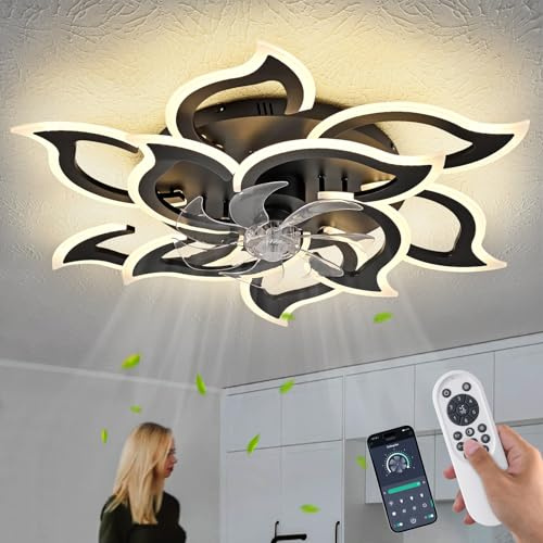 ChenSolara Modern LED Ceiling Fan Light with Remote, 6 Speeds, Timer, Ultra-Quiet, Flower Design, Dimmable Flush Mount for Bedroom/Living Room