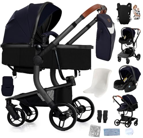 Kinderwagen set,kinderwagen 3 in 1,Höhenverstellbarer,Kinder wagen buggy mit Panorama-Sicht,inklusive Muttertasche und Babytrage(HG-Blau)