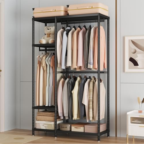 Enjinkail Clothes Rail, 195cm Tall Metal Open Wardrobe with 6 Shelves and 3 Hanging Rails, Max Load 270 KG, Heavy Duty Clothes Rack, Black Clothing Rack for Bedroom, 114cm Wide