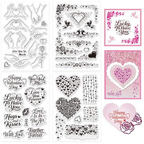 GLOBLELAND 4 Blatt Transparentes Stempelset Zum Valentinstag Für Kartenbasteln Liebesherzen Eckenstempel Liebeshände Hintergrund Silikonstempel Siegel Für DIY Scrapbooking Prägen Fotoalbumdekoration