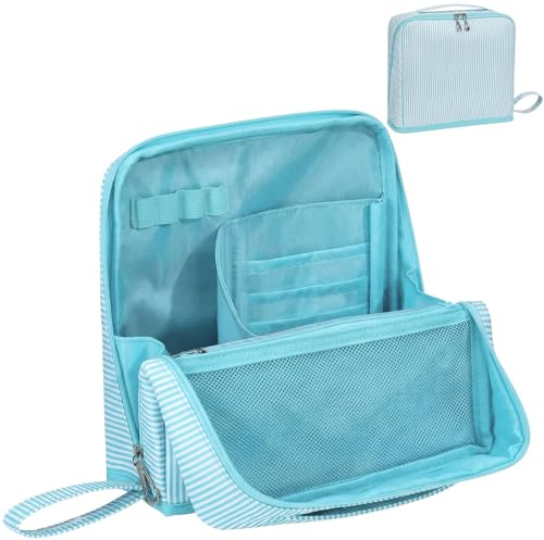 Striped Standup Travel Makeup Bag Folding Cosmetic Pouch, Summer Blue | Waterproof Toiletry Bag Organizer with Brush Compartments, Organized Travel Cosmetic Case for Xmas Women Gifts, Easy Access