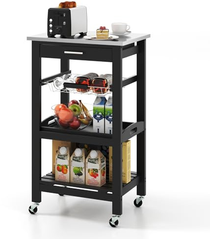GIANTEX Carrito de Cocina 4 Niveles, Carro de Servicio con Encimera de Acero Inoxidable, Cajón, Canaseta, Bandeja y Estante Abierto, 47x39x85cm, Mueble Auxiliar para Cocina, Comedor, Salón (Negro)