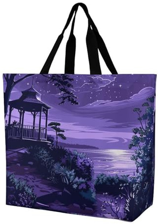 FHESDCW Large Capacity Tote Bag 15.7 Inch, Reusable Grocery Shopping Bag Night View And Pavilion Handbag for Beach, Travel