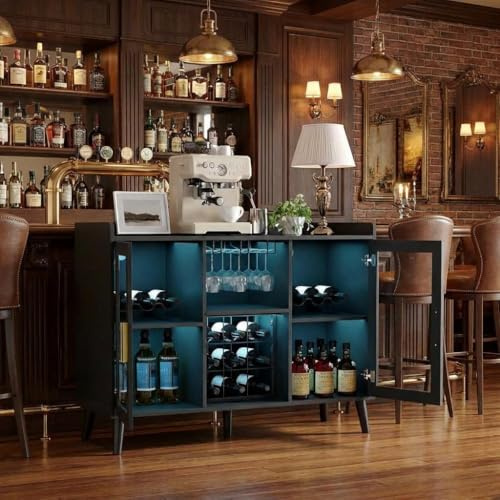 Litake Freistehender Weinbar-Schrank mit LED & Glastüren – Multifunktionales Weinregal mit Glashalter, viel Stauraum, modernes Sideboard für Wohnzimmer, Küche, Esszimmer – Einfache Montage, Schwarz