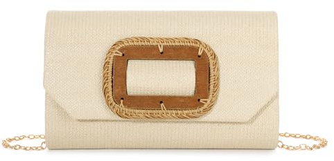 Syrads Bolso de Paja para Mujer, Clutch Trenzado de Verano, Bolso de Noche con Cadena, Playa, Bodas y Vacaciones