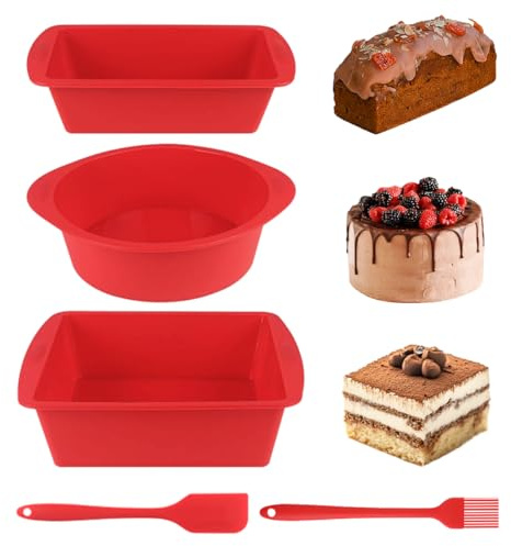 3 Piezas Moldes Silicona Reposteria, Antiadherente Molde Silicona Bizcocho | Molde Silicona Rectangular con Pincel y Espátula, para Tartas Panes Brownies, Redondo, Rectangular, Cuadrado