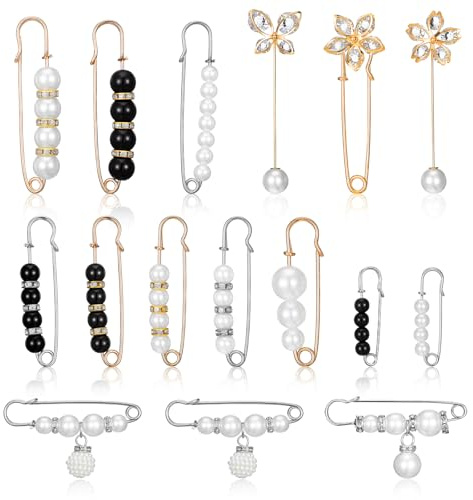 DOPENSPI 16 Stück Brosche Damen, Mode Perlen Broschennadeln Mehrere Stile Brosche Ausschnitt Verkleinern und Anstecknadel Jean Hosen Taillenspanner für Kleidung, Schals, Kleider, Röcke, Pullover