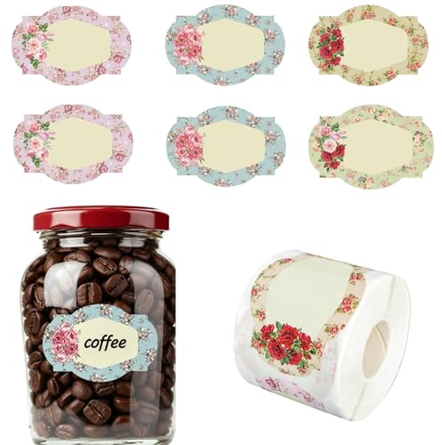 Vintage Floral Jar Stickers Labels for Journaling Kitchen, 250 Pcs 3x5cm | Made from Coated Paper with Adhesive Backing, Convenient Writeable Surface for Spice Jars Storage Containers Gift Tags