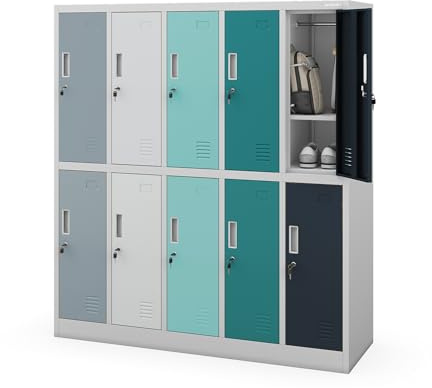 Jan Nowak Schließfachschrank Metall 10 Fächer Schulschrank 150x136x45 cm | Wertfachschrank, Garderobenschrank, Stahlspind abschließbar, pulverbeschichtet, für Schule, Kindergarten, Umkleide