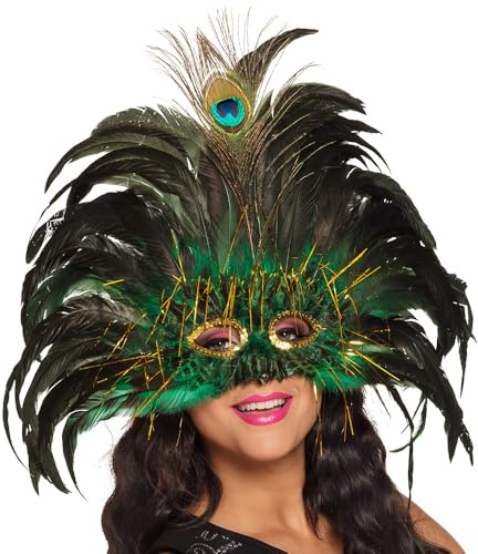 Boland 00265 – Ögonmask Peacock Queen, påfågeldrottning, ansiktsmask med paljetter, fjädrar och glitter, kostym, karneval, temafest, maskboll, grön/svart