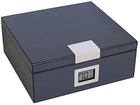 CASE ELEGANCE Humidor aus Zedernholz in Kohlefaser-Optik mit Hygrometer und Luftbefeuchter Gel - Passend für 25-50 Zigarren