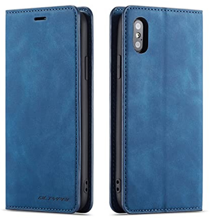 QLTYPRI Fodral till iPhone X iPhone XS, premium PU-läderfodral TPU-stötfångare med korthållare ställ dold magnetisk adsorption flip plånboksfodral för iPhone X iPhone XS – blå