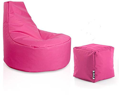 PATCH HOME Gamer Sessel inkl. Würfel Bean Bag Set Ø80cm, 30cm Sitzhöhe, 90cm Höhe + 35x35cm Würfel Pink