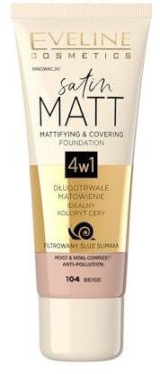 Eveline Cosmetics Satin Matt Foundation mit Schneckenextrakt - Aufbauende Deckkraft, Porenverfeinerung, Feuchtigkeitskomplex