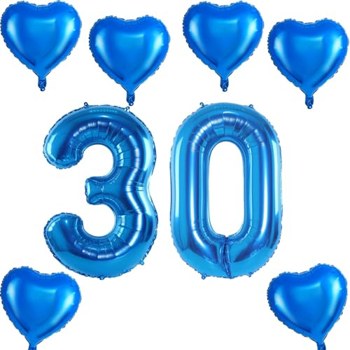 XXL Folienballon 30 Geburtstag, Folienballon Zahl 30, Zahl 30 Blau, Luftballons 30, Nummer 30 Luftballon Blau Manner Frau, 40 Geburtstagsdeko Ballon 30