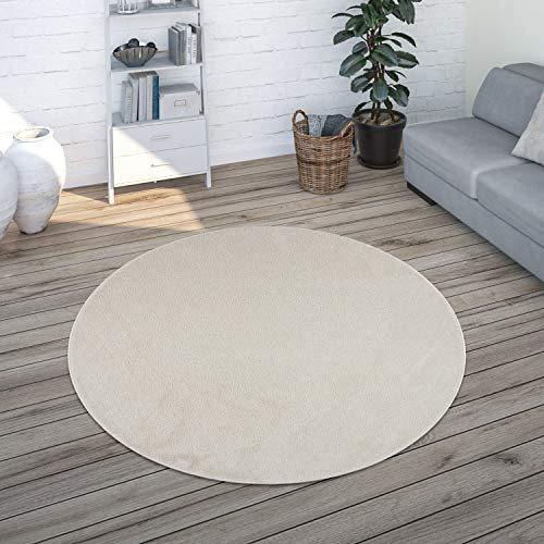Paco Home Teppich Wohnzimmer Schlafzimmer Esszimmer Kurzflor Moderne Optik Einfarbig Pastell, Grösse:120 cm Rund, Farbe:Creme