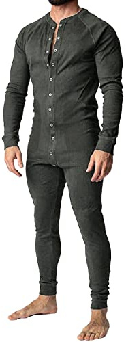 Muscle Alive Mens Long Sleeve Onesie Henley Jumpsuit Stretchy Cotton Ramper Dark Grey L
