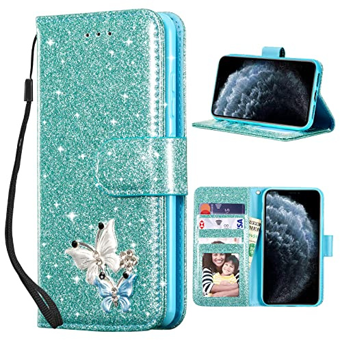 UEEBAI Wallet Case for iPhone 12 6.1 inch, Premium Sparkly Glitter PU Leather Phone Case Card Slots Kickstand Case Magnetic Closure Bling Case Shiny Flip Cover with Wrist Strap - Mint Green