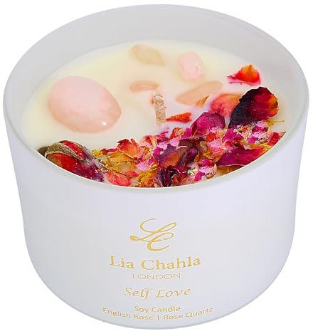 LIA CHAHLA LONDON Aromatherapy Candle with Crystals and Flowers, English Roses Scented Candle, Self Care Bath Candle, Soy Vegan Organic 30 Hrs Burn Time (Rose/Rose Quartz, 6 OZ)