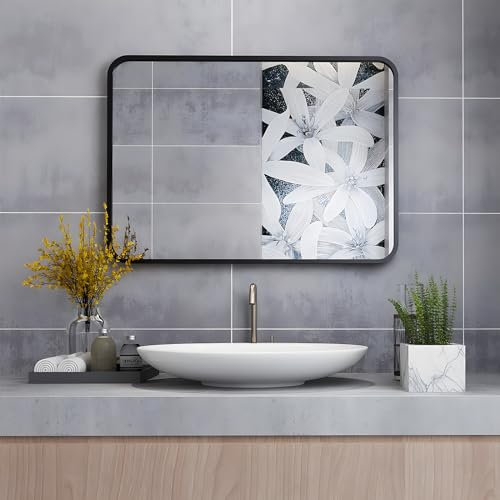 MIQU Espejo de baño de 80 x 60 cm, sin iluminación, rectangular, marco de metal, espejo de pared para baño, salón, inodoro 600 x 800 mm