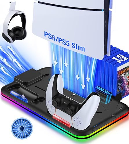 Kawaye PS5 Ständer PS5 Kühlstation für Playstation 5, PS5 Stand Kühler Lüfter mit Dual Controller Ladestation, 6 Steckplätze, Headset-Halterung