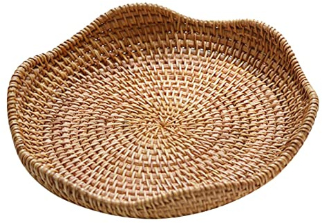 Colcolo Rattan Round Serving Tray Platters Container Hand Woven Wicker Tray for Table Centerpiece Decorative Cabinets Picnics Kitchen Counter Decor, 21cmx3cm