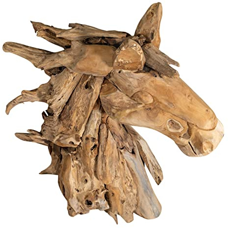 Biscottini Sculture in legno testa di cavallo 97x38x91 cm | Scultura legno di teak | Statua cavallo oggetti particolari | Statuette decorative casa