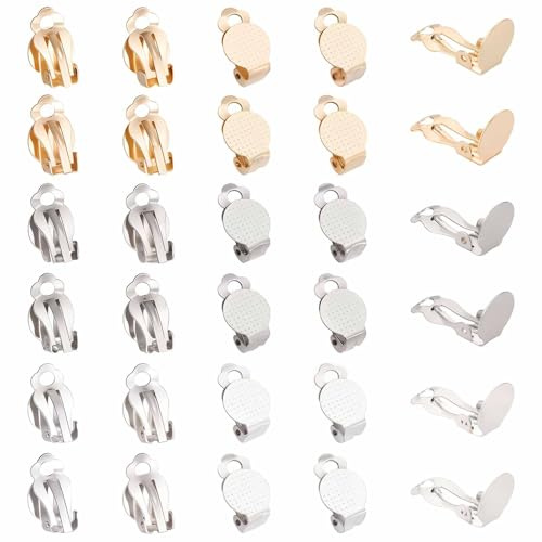 SUNNYCLUE 1 Box 30 Stück 3 Farben Ohrclips Zubehör Runde Flache Rückseite Ohrringclips Edelstahl Ohrringkonverter Nicht Durchbohrte Ohrringeinstellungen Für Frauen Erwachsene Schmuckherstellung DIY Ha
