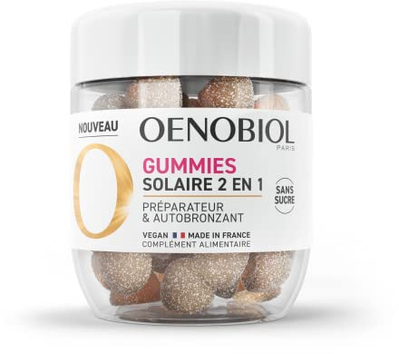 OENOBIOL - GUMMIES Solaire 2 en 1 - Préparateur solaire - Autobronzant - Programme 1 mois - 60 Gummies - Arômes naturels fraise, citron - Complément Alimentaire - Sans Sucre - Vegan - Made in France