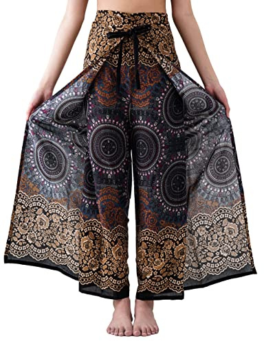 B BANGKOK PANTS Women's Boho Palazzo Pants Wide Leg Yoga Wrap Tie Up Waist (One Size, Bohorose Brown)