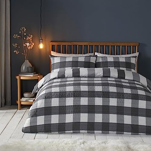 Fusion Snug - Set copripiumino in tessuto Seersucker a quadretti, spazzolato, per letto king size, colore: carbone